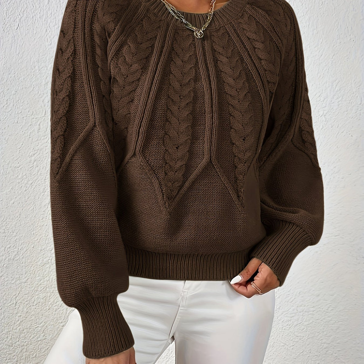 Pull torsadé col rond pour femme, coloris marron