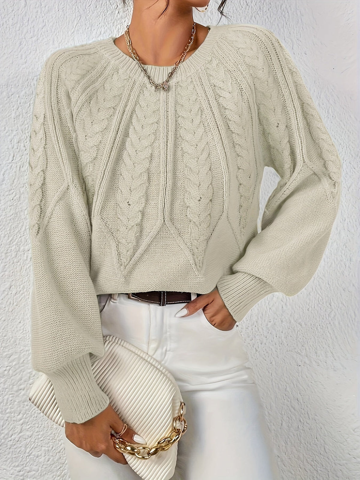 Pull torsadé col rond pour femme, vue 2