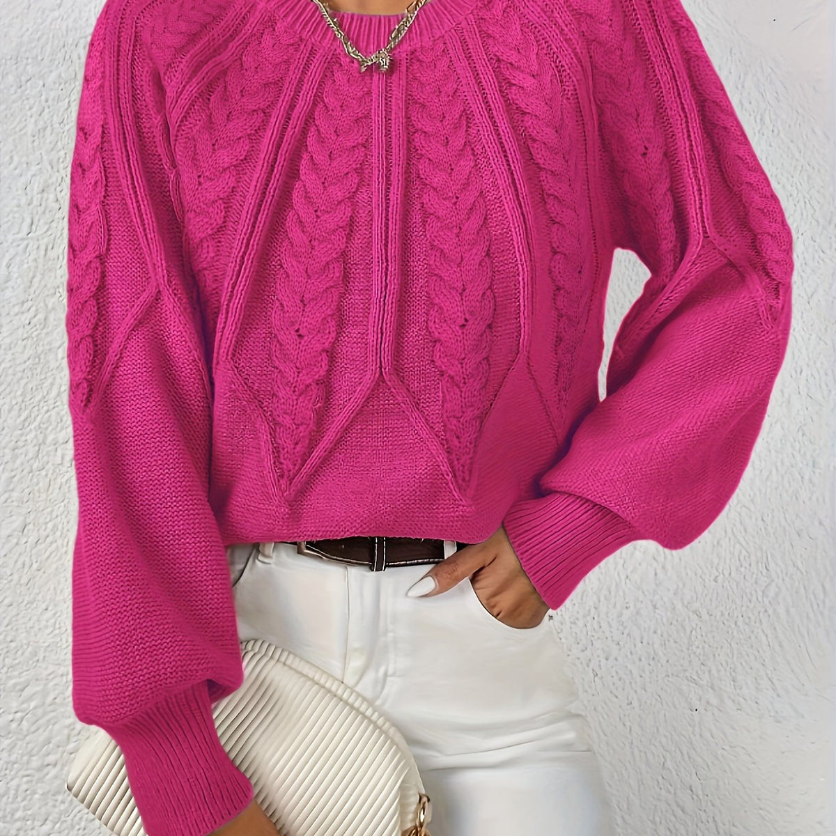 Pull torsadé col rond pour femme, coloris rose