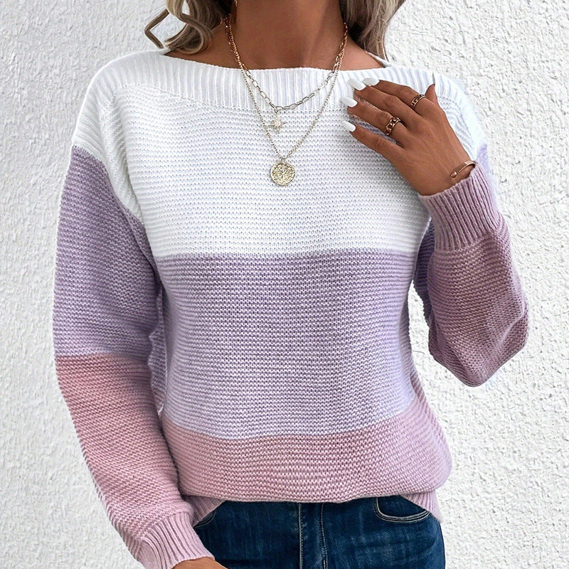 Pull tricolore col bateau, coloris violet clair, porté en tenue
