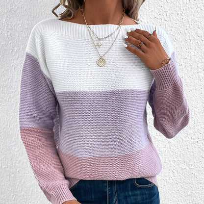 Pull tricolore col bateau, coloris violet clair, porté en tenue