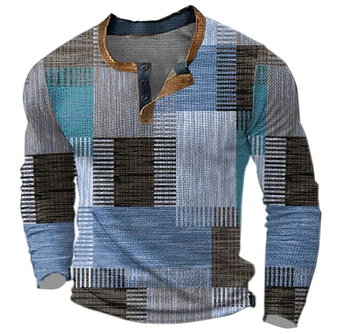 Pull col tunisien homme à carreaux bleu et brun, vue de face