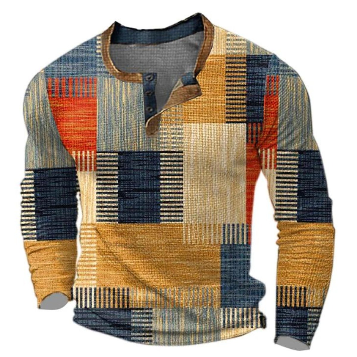 Pull col tunisien homme à carreaux orange, bleu et beige, vue de face