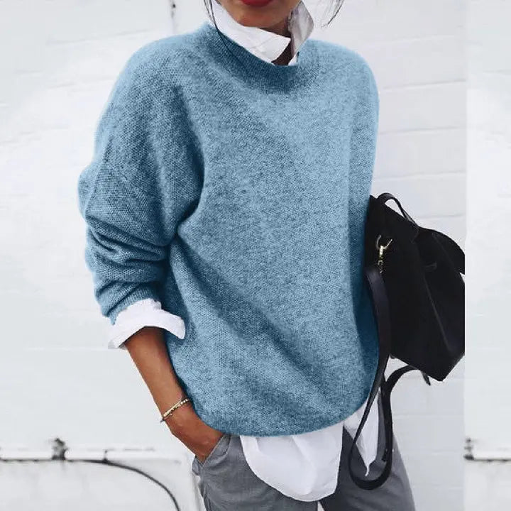 Pull uni ourlet arrondi pour femme, coloris bleu