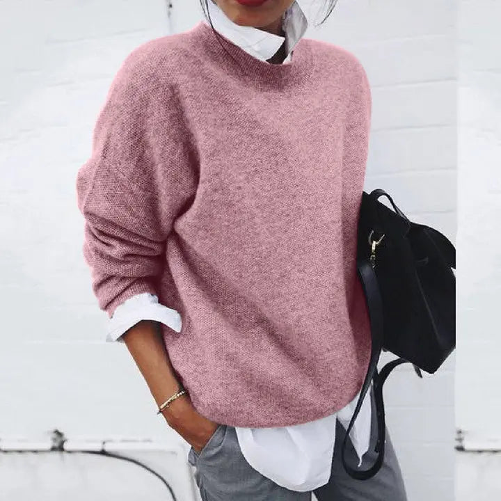 Pull uni ourlet arrondi pour femme, coloris rose