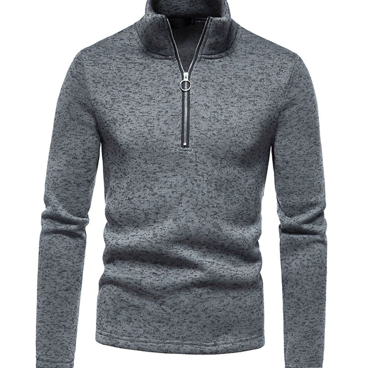 Pull zippé gris foncé chiné à col montant, vue de face