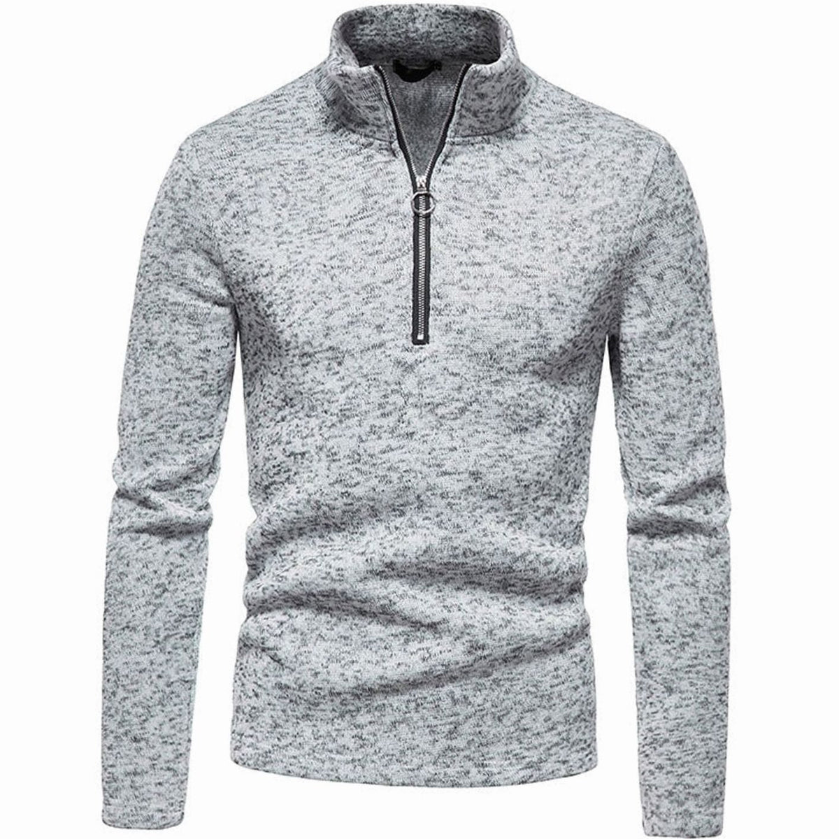 Pull zippé gris clair chiné à col montant, vue de face