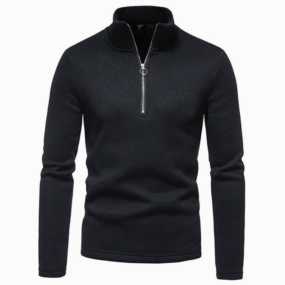 Pull zippé noir à col montant et tirette anneau, vue de face
