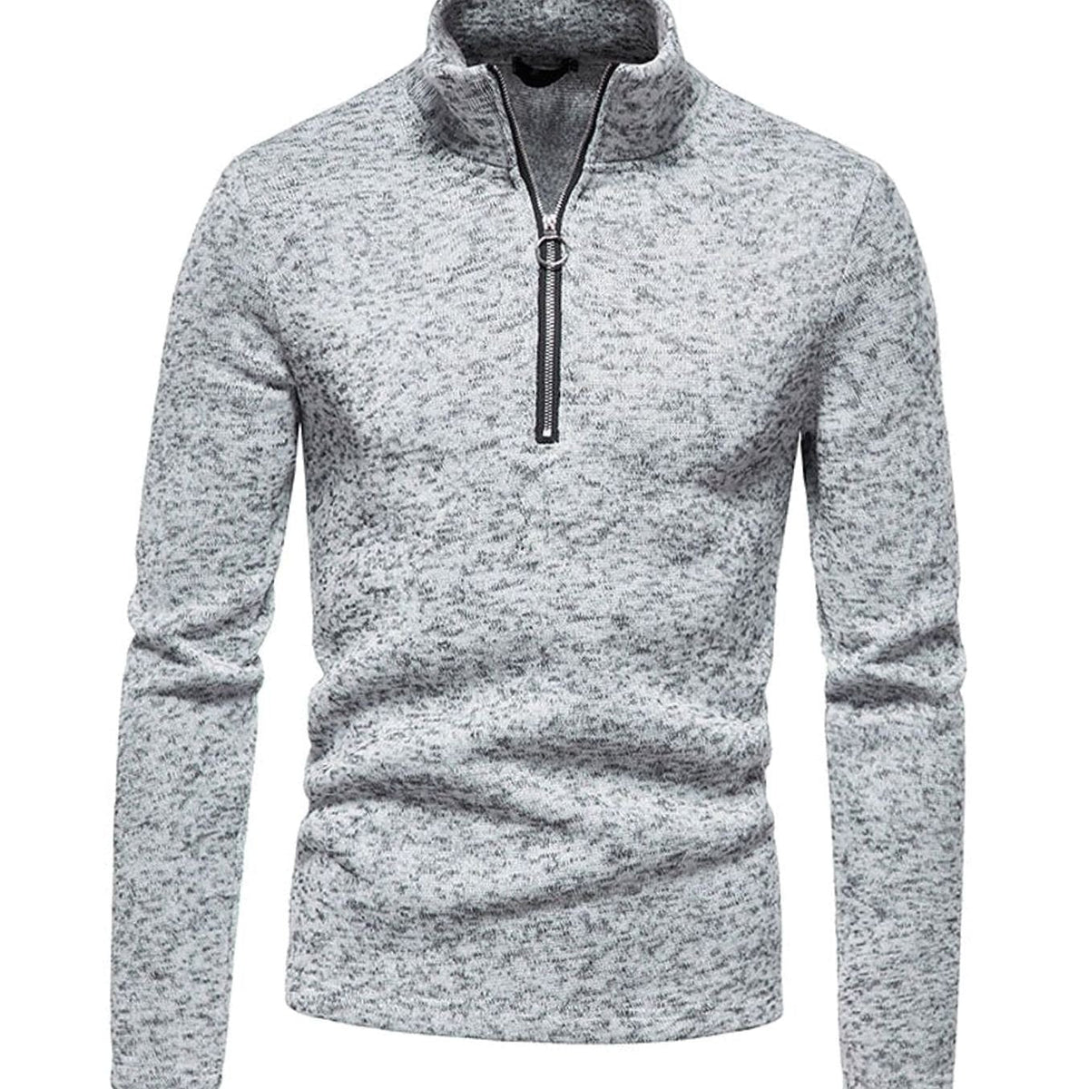 Pull en maille gris clair, zip court et col montant, de face