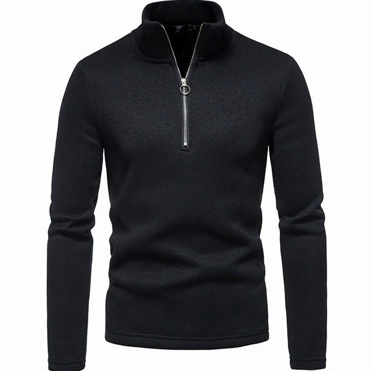 Pull en maille noir, zip court et col montant, de face