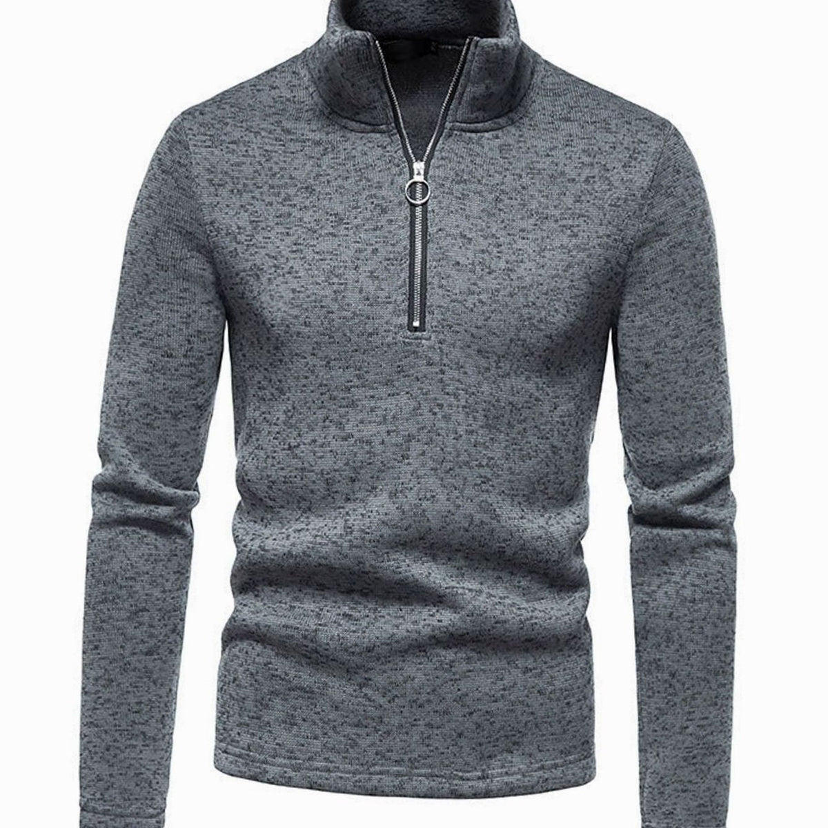 Pull en maille gris foncé, zip court et col montant, de face