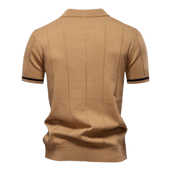 Camel knit quarter-zip polo shirt, back view, by Old Money