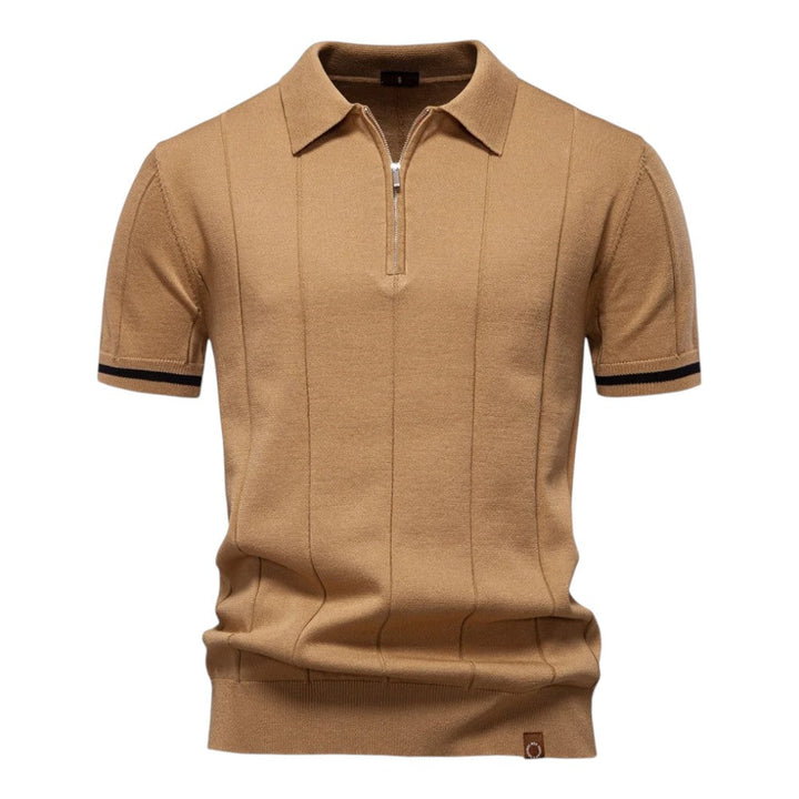 Camel quarter-zip polo shirt with ribbed collar and black stripe cuffs, front view, by Old Money