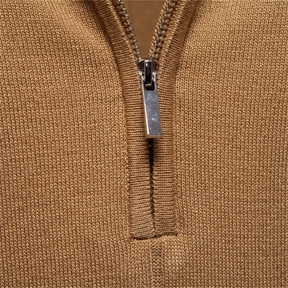 Camel quarter-zip polo shirt metal zipper and knit texture close-up detail, by Old Money