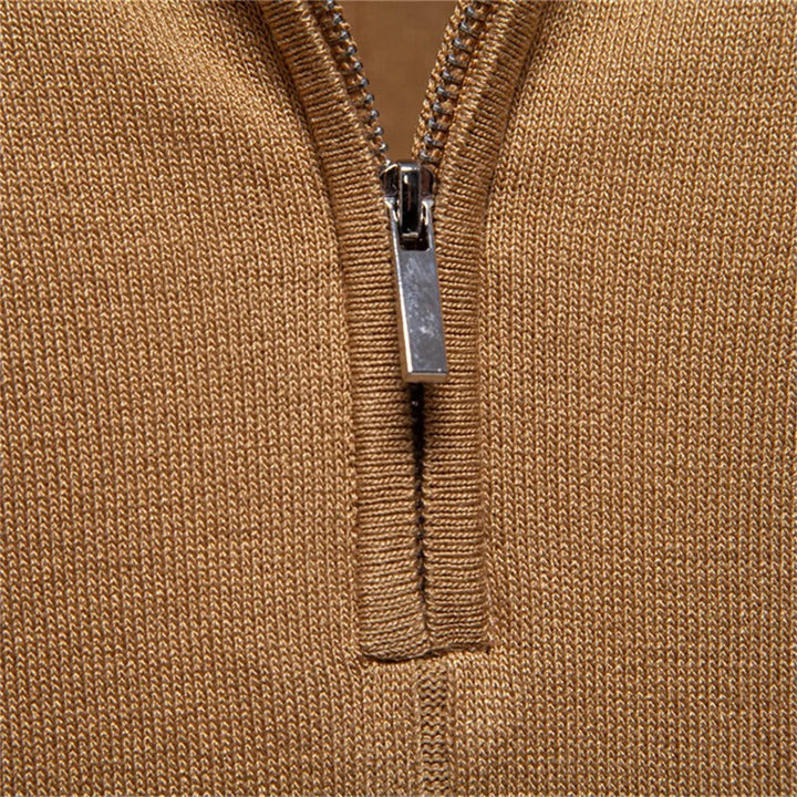 Camel quarter-zip polo shirt metal zipper and knit texture close-up detail, by Old Money
