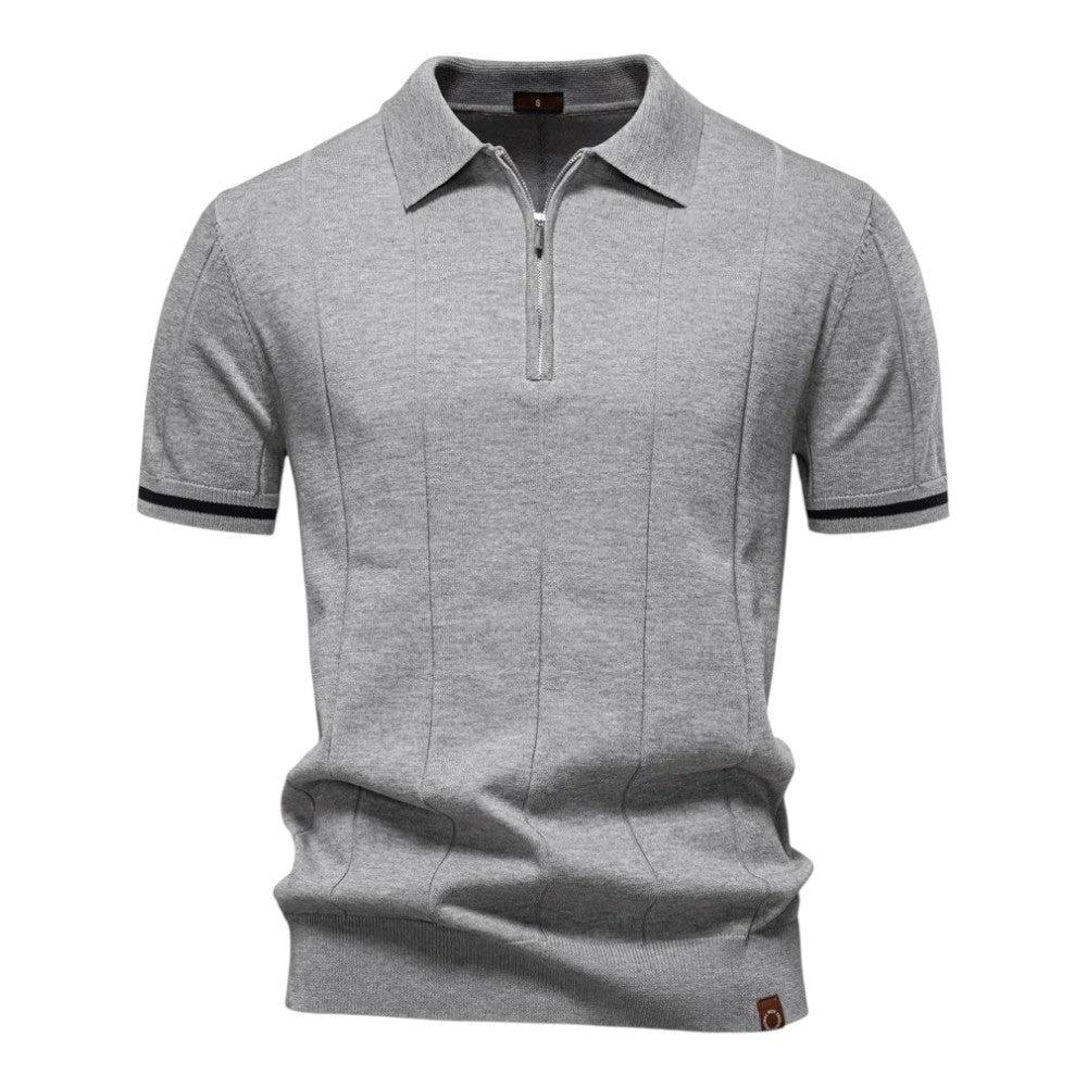Grey quarter-zip polo shirt with short sleeves and ribbed striped cuffs, by Old Money