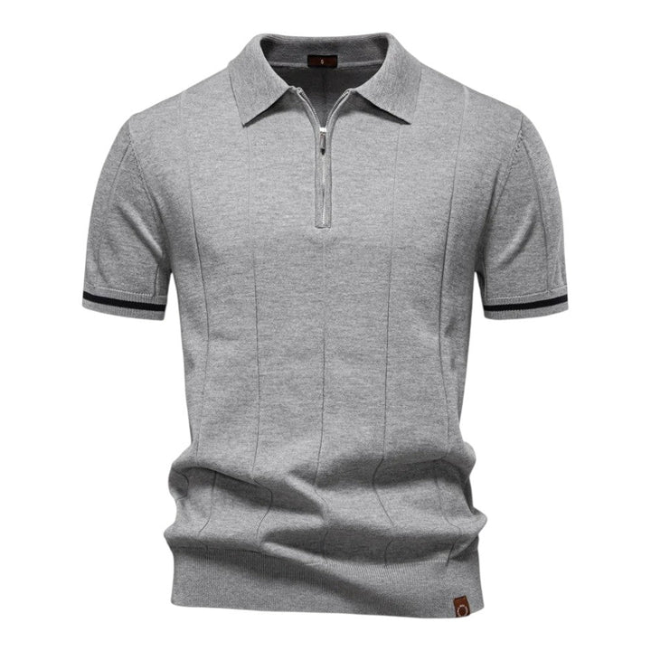 Grey quarter-zip polo shirt with short sleeves and ribbed striped cuffs, by Old Money