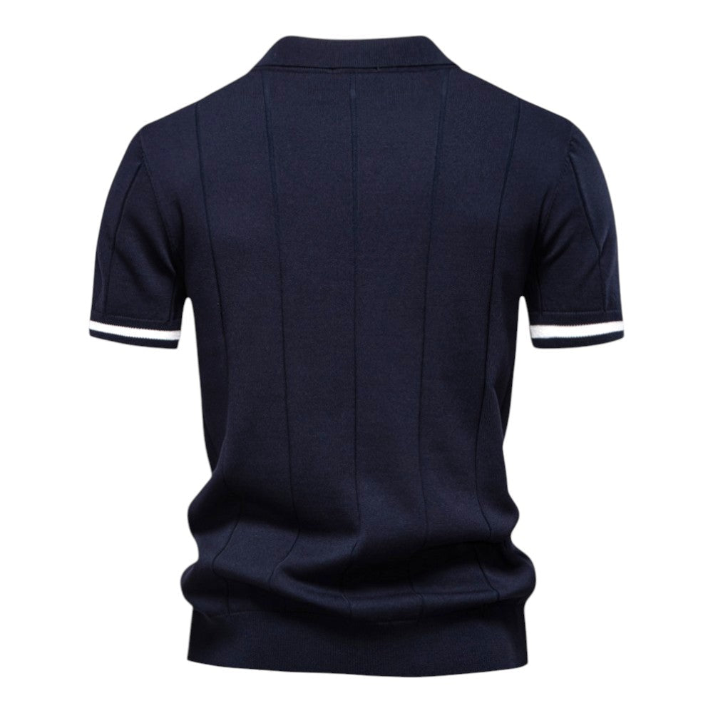 Navy quarter-zip polo shirt with white stripe sleeves, back view, by Old Money