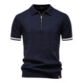 Navy quarter-zip polo shirt with white stripe sleeve trim, front view, by Old Money