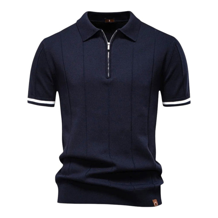 Navy quarter-zip polo shirt with white stripe sleeve trim, front view, by Old Money