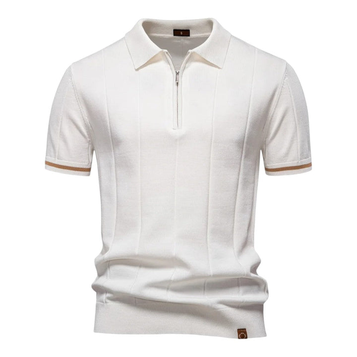 White quarter-zip polo shirt with ribbed collar and short sleeves, by Old Money