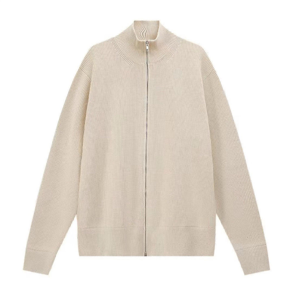 Cardigan en maille côtelée crème à col cheminée et double zip, à plat