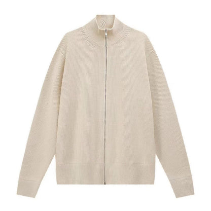 Cardigan en maille côtelée crème à col cheminée et double zip, à plat
