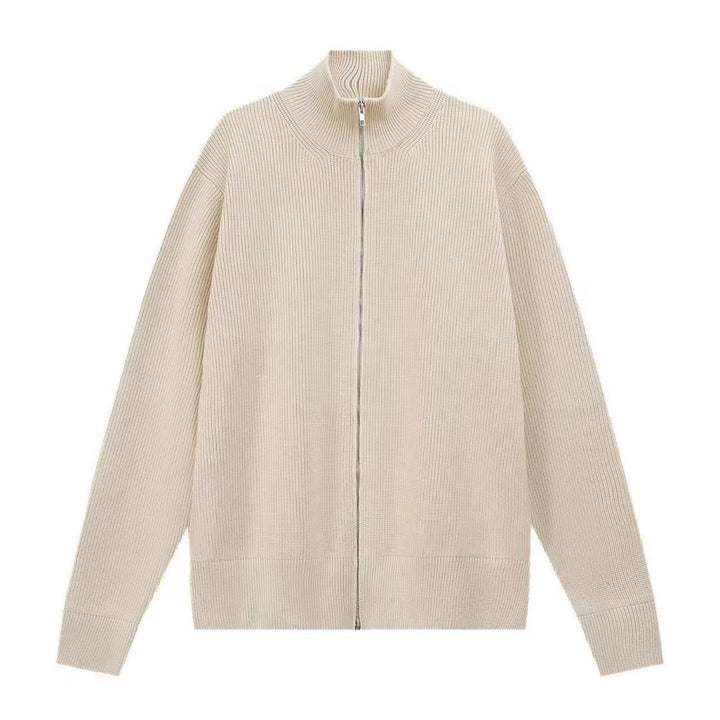 Cardigan en maille côtelée crème à col cheminée et double zip, à plat