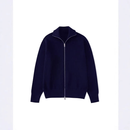 Cardigan en maille côtelée bleu marine à col cheminée et double zip