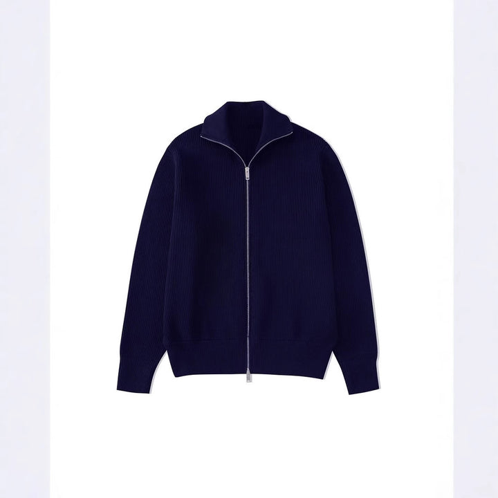 Cardigan en maille côtelée bleu marine à col cheminée et double zip