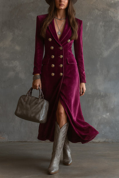 Robe blazer croisée longue, coloris bordeaux, vue de face