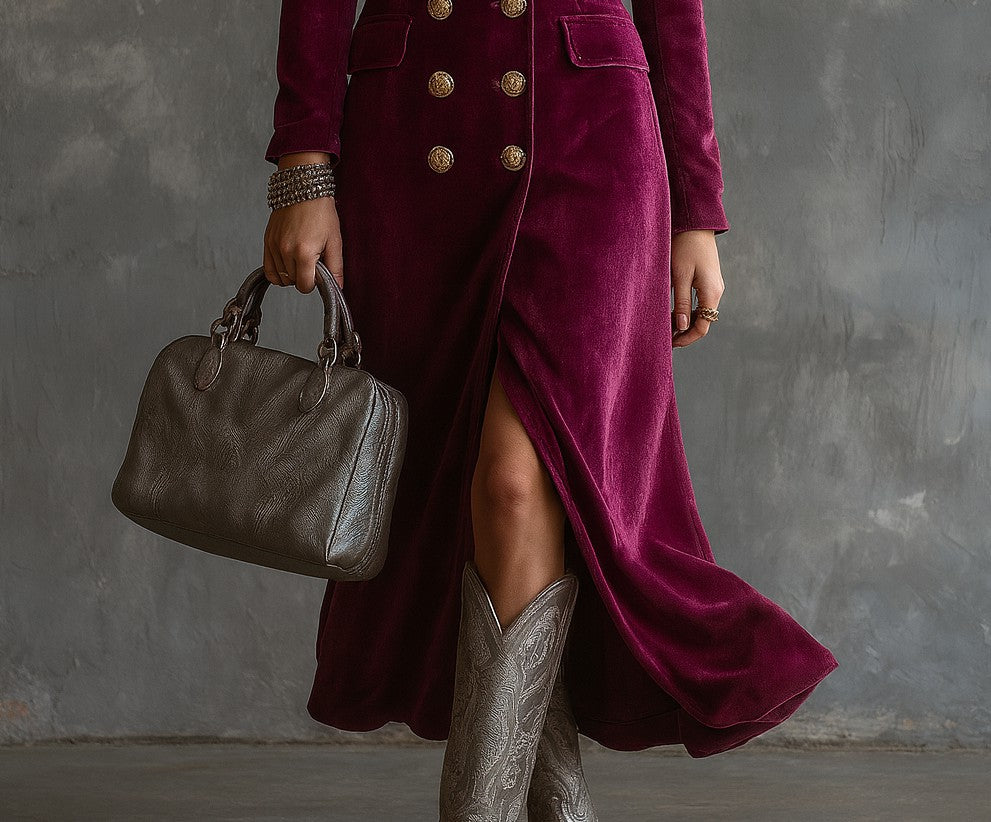 Robe blazer croisée longue, détail de la jupe et de la fente
