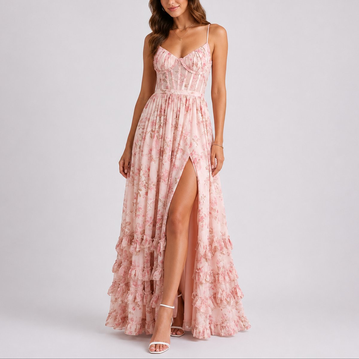 Robe longue fleurie rose, bustier baleiné, vue de face