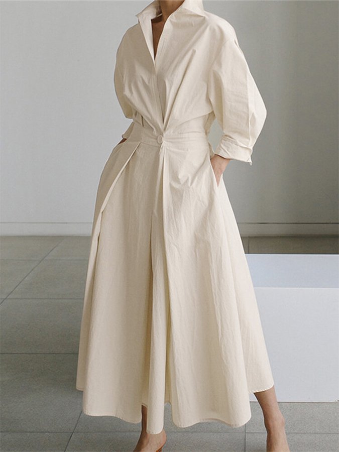 Robe chemise longue évasée, coloris crème, vue de face