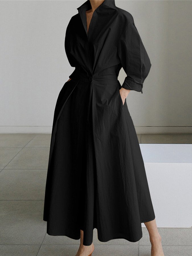 Robe chemise longue évasée, coloris noir, vue de face