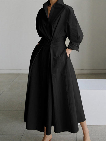 Robe chemise longue évasée, coloris noir, vue de face