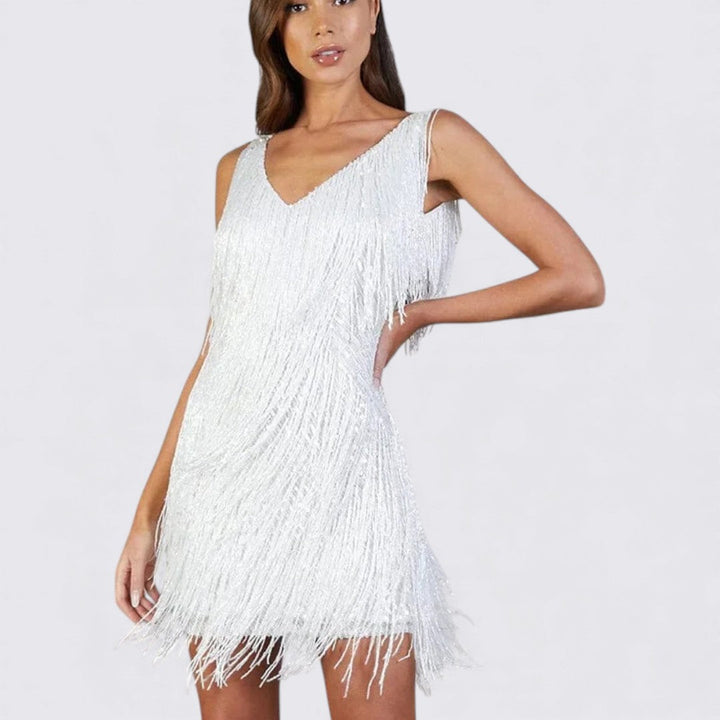 Robe courte à franges, coloris blanc, vue de face