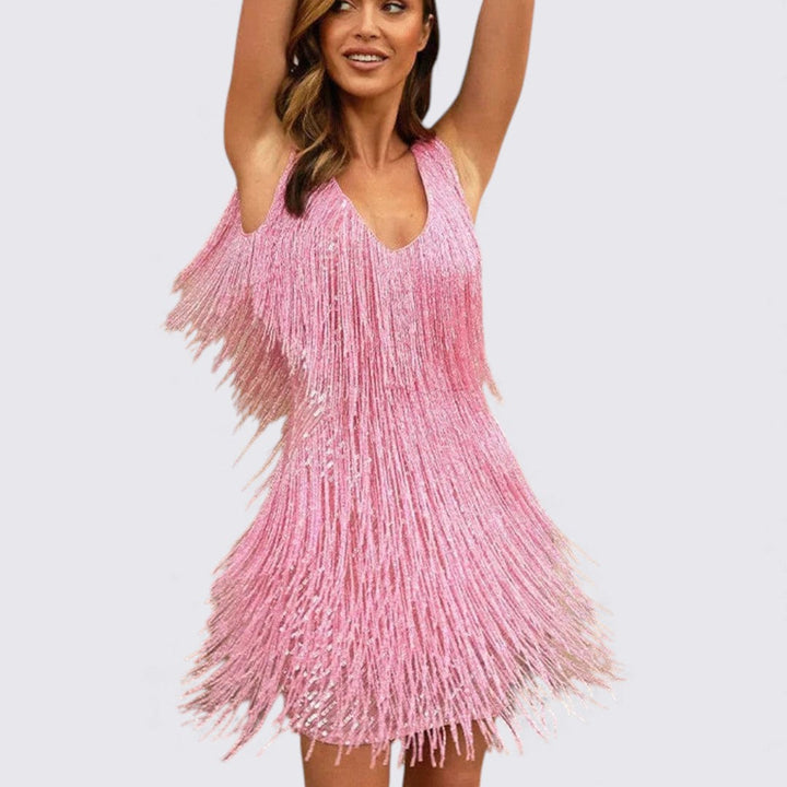 Robe courte à franges, coloris rose, vue de face