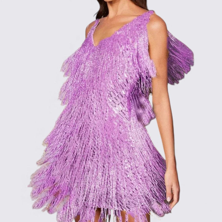 Robe courte à franges, coloris violet, vue de face