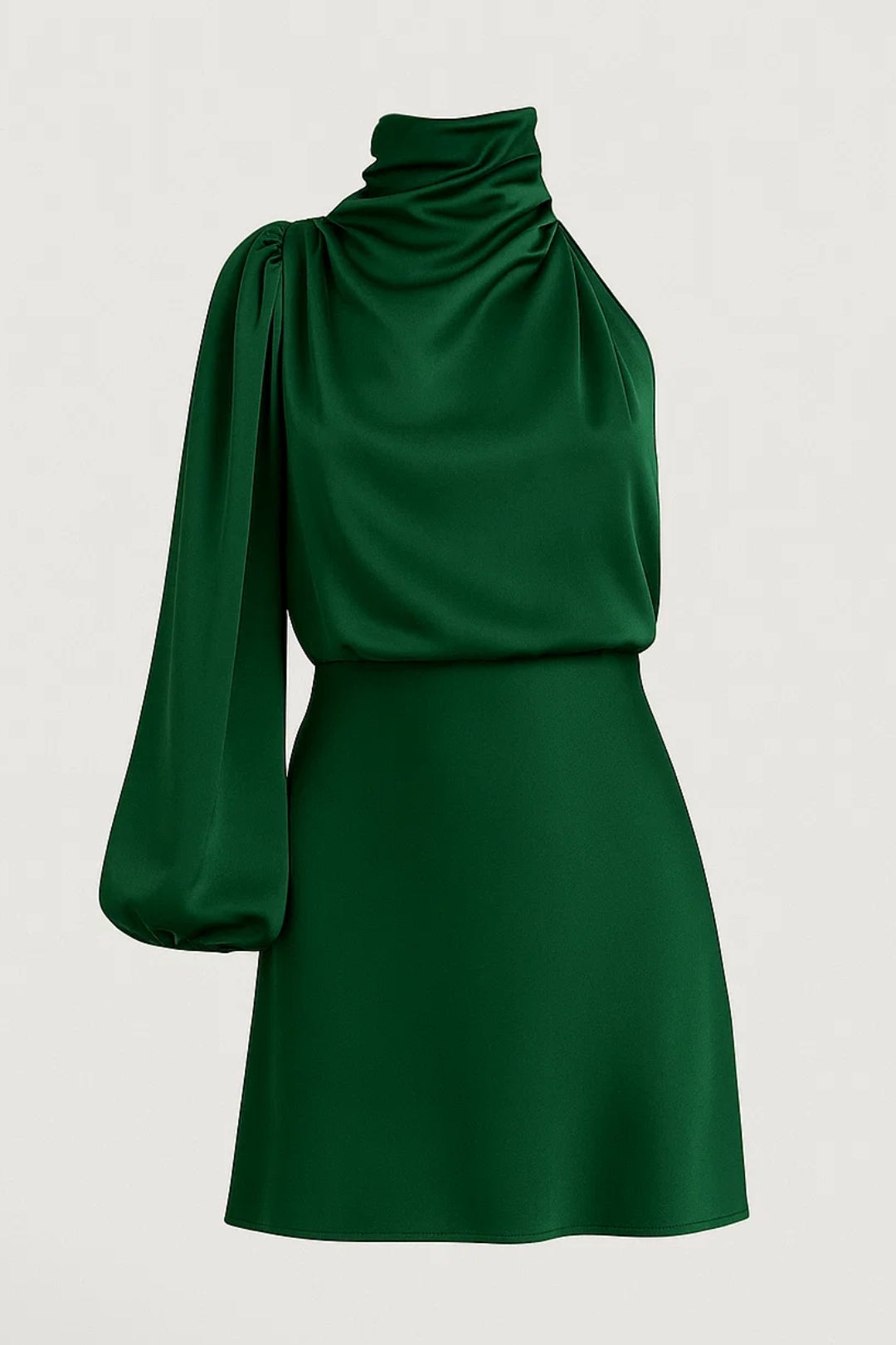 Robe courte vert foncé à une manche et col drapé, présentée à plat