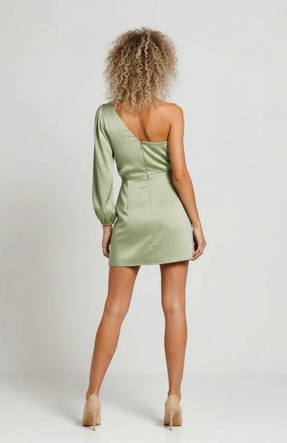 Robe courte vert sauge à une manche, vue de dos