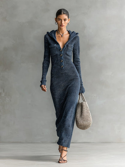Robe longue à capuche, coloris bleu marine, vue de face, vue 2