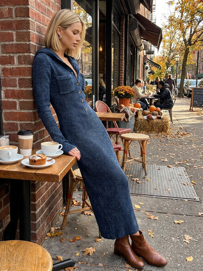 Robe longue à capuche, coloris bleu marine, porté en tenue