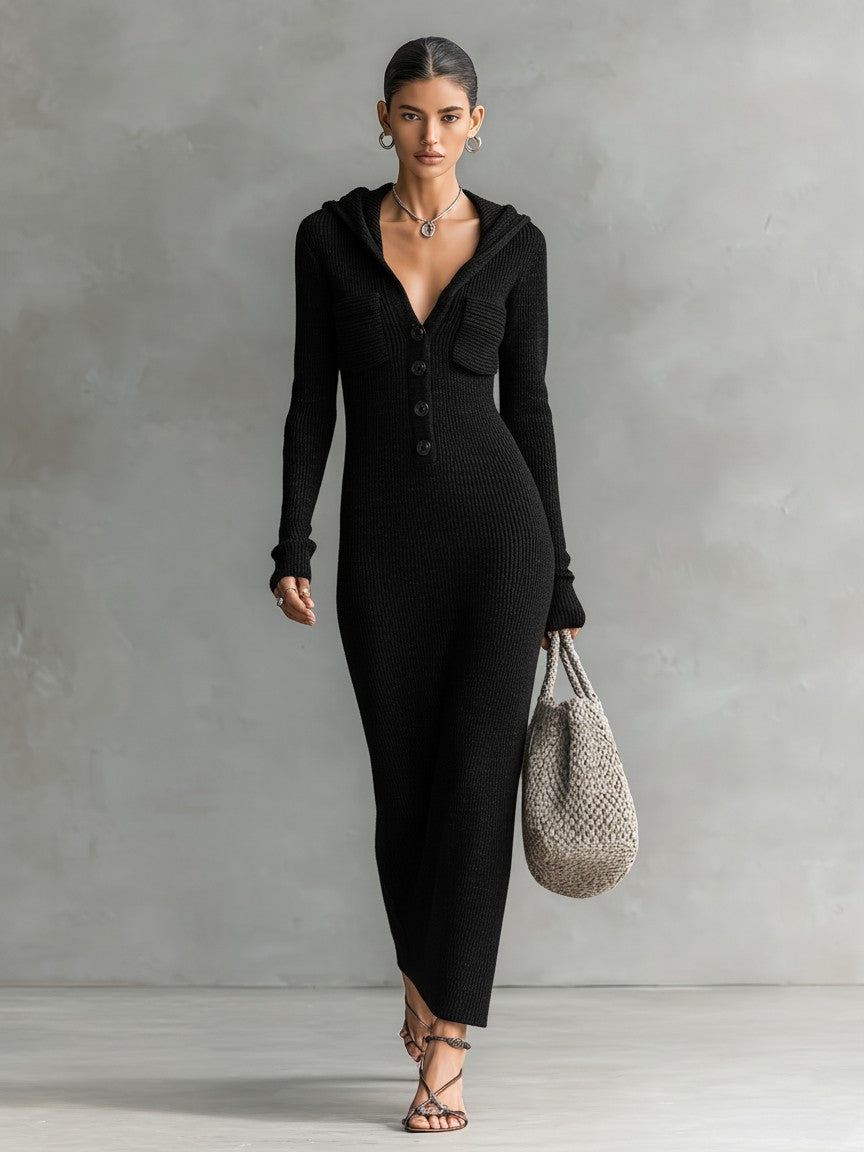 Robe longue à capuche, coloris noir, vue de face