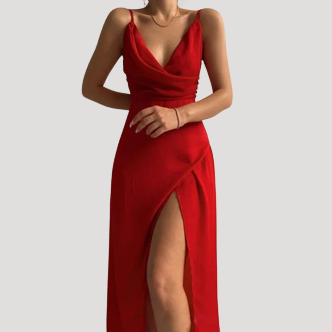 Robe longue à fente, coloris rouge, vue de face