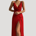Robe longue à fente, coloris rouge, vue de face