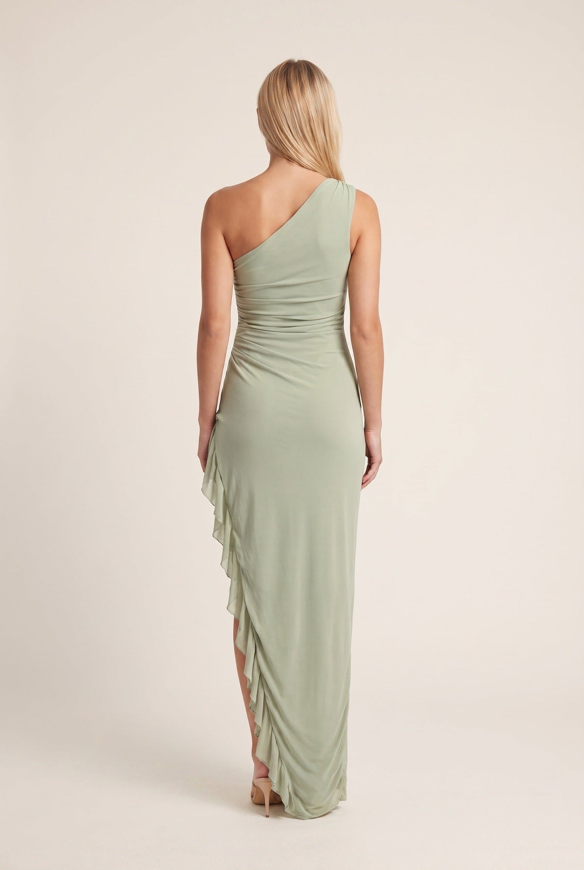 Robe longue asymétrique volants, coloris vert sauge, vue de dos