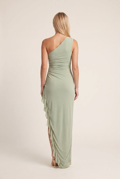 Robe longue asymétrique volants, coloris vert sauge, vue de dos
