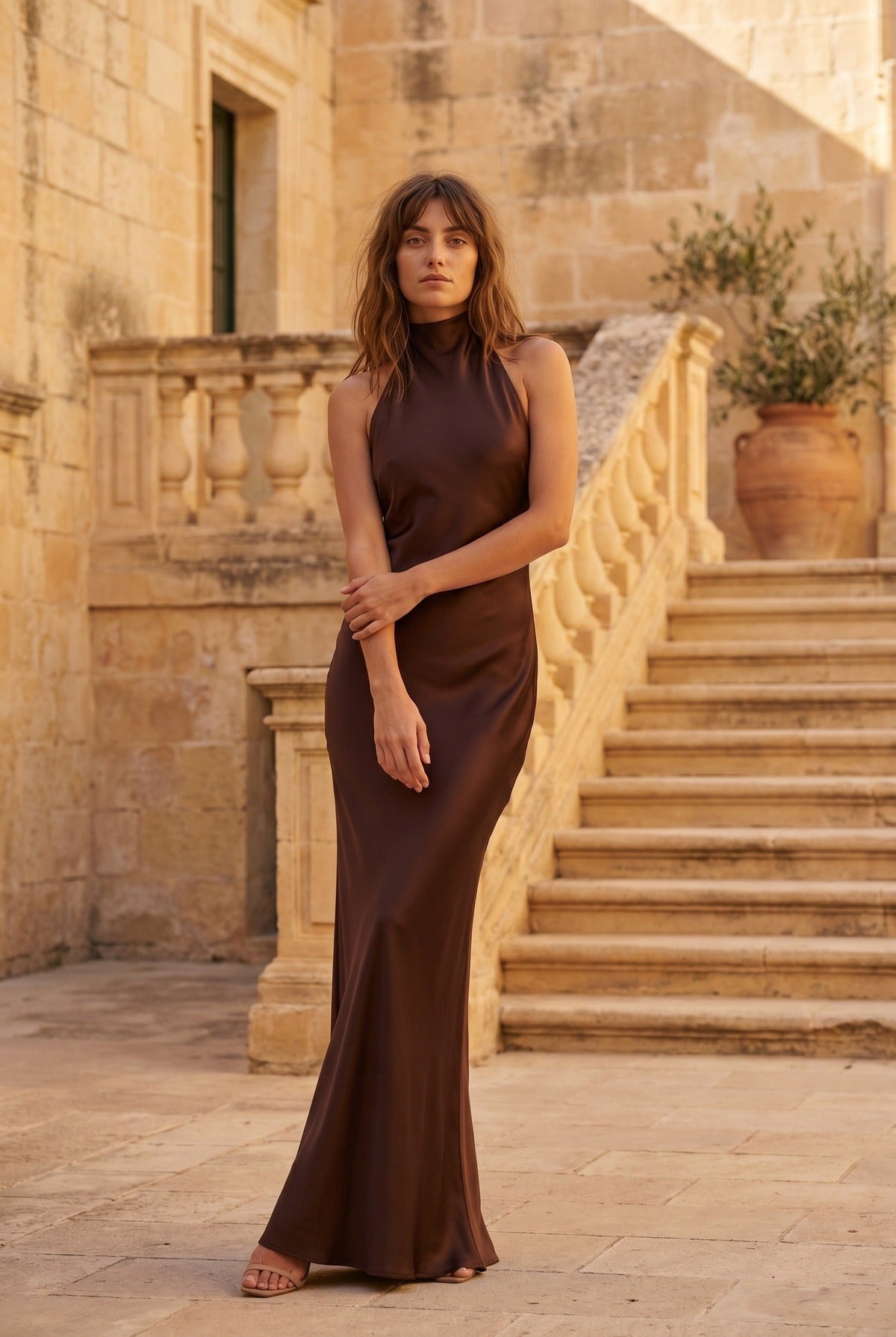 Robe longue col licou, coloris marron foncé, porté en tenue