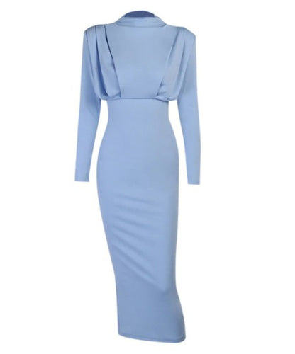 Robe longue col montant, coloris bleu ciel, présenté à plat